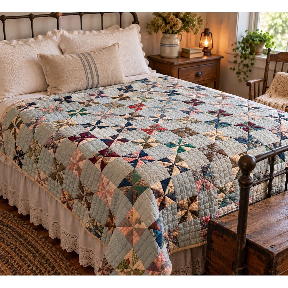 Antique 1900s Hand Quilted Pinwheel Scrap Quilt Primitive Folk Art 76x67